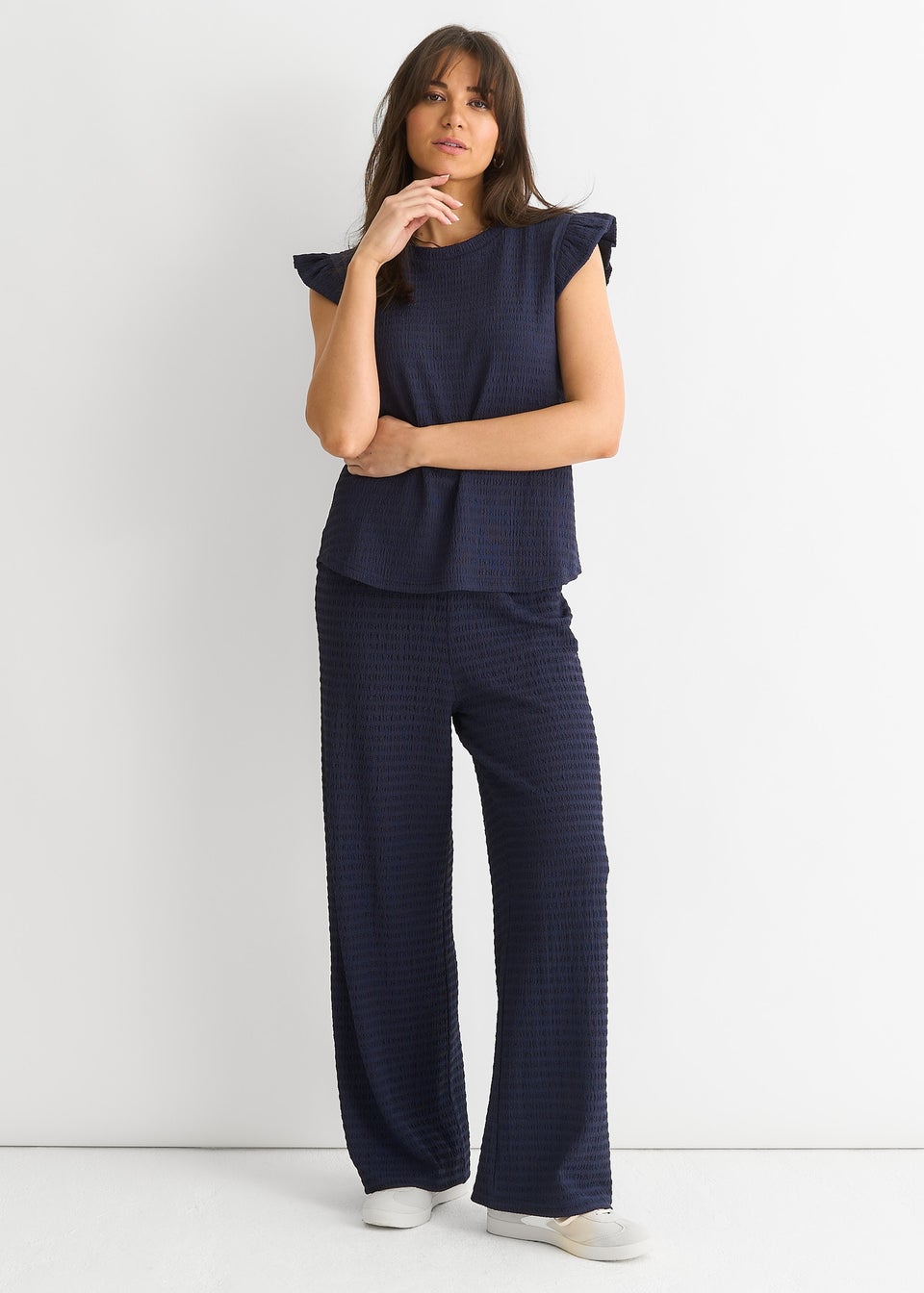 Gini London Dark Blue Textured Elastic Waist Pull On Trousers