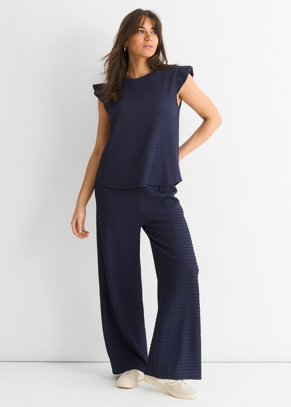 Gini London Dark Blue Textured Elastic Waist Pull On Trousers