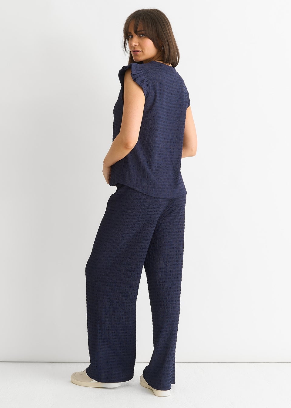 Gini London Dark Blue Textured Elastic Waist Pull On Trousers