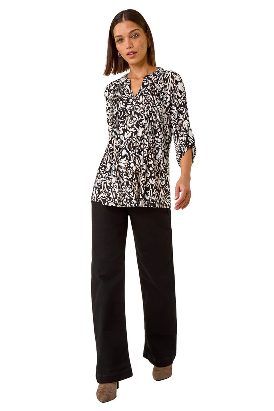 Roman Cream Print Pintuck Shirt
