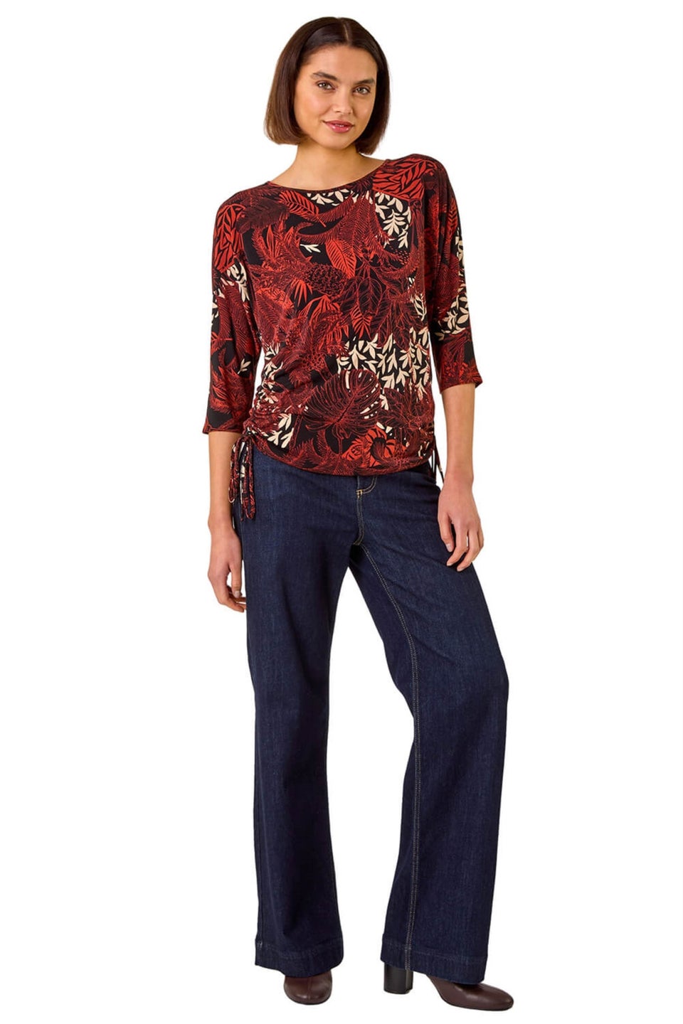 Roman Orange Leaf Print Side Tie Stretch Top