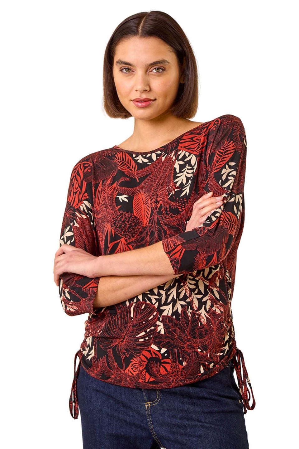 Roman Orange Leaf Print Side Tie Stretch Top