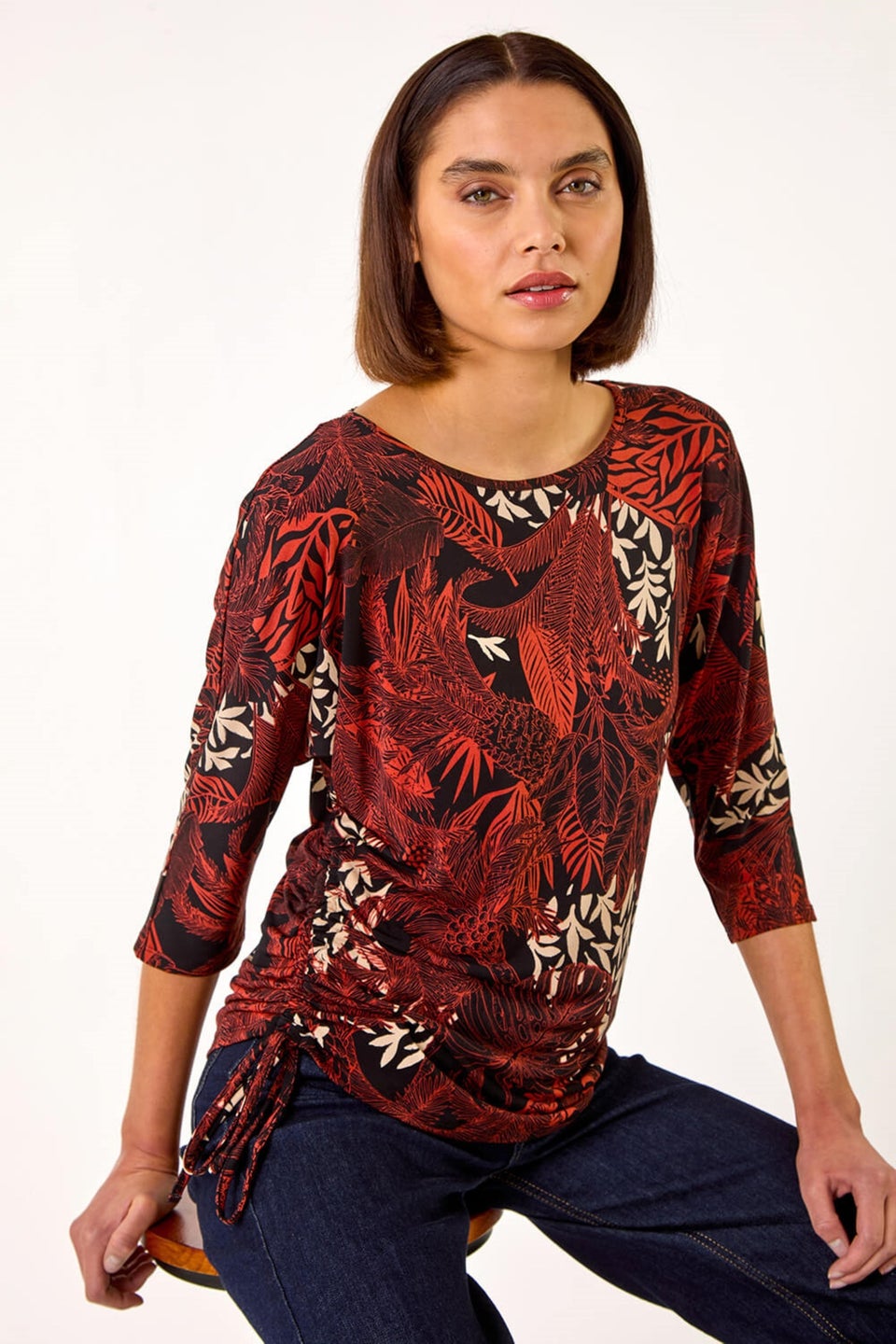 Roman Orange Leaf Print Side Tie Stretch Top