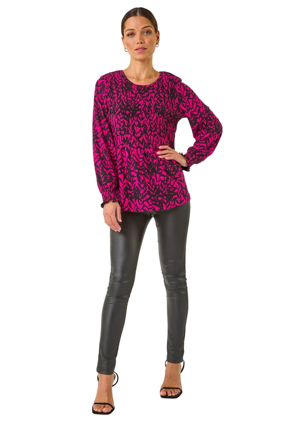 Roman Pink Abstract Printed Shirred Tunic Top