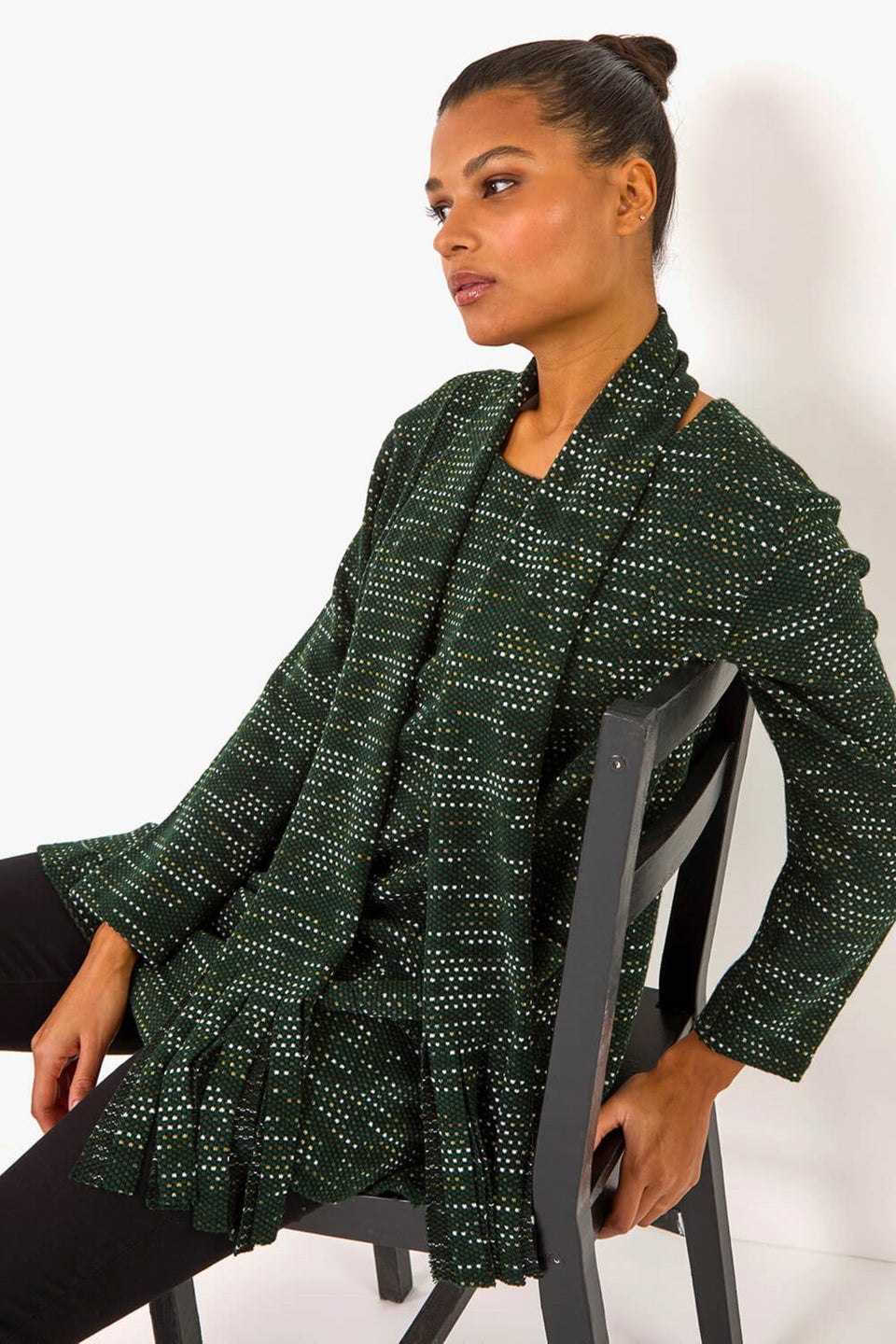 Roman Green Scarf Longline Stretch Tunic Top