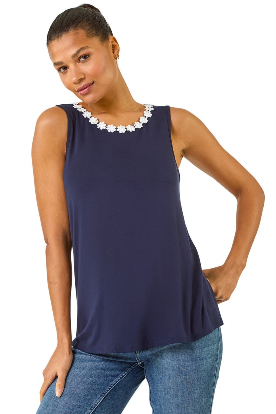 Roman Navy Daisy Neck Trim Vest Top