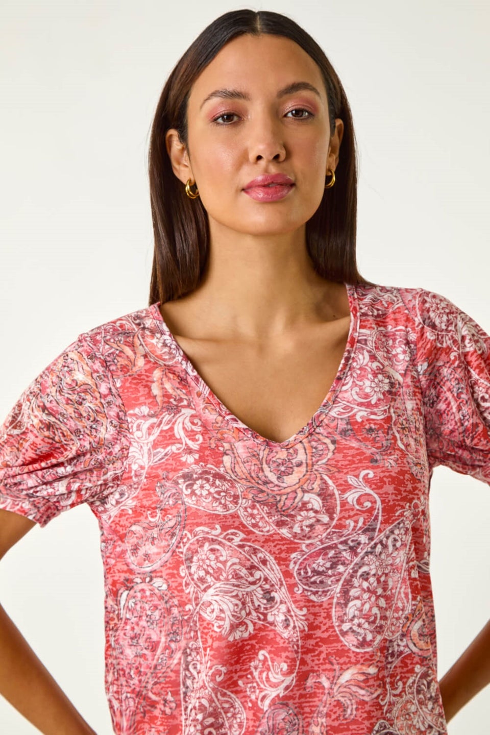 Roman Red Paisley Burnout Blouson Top