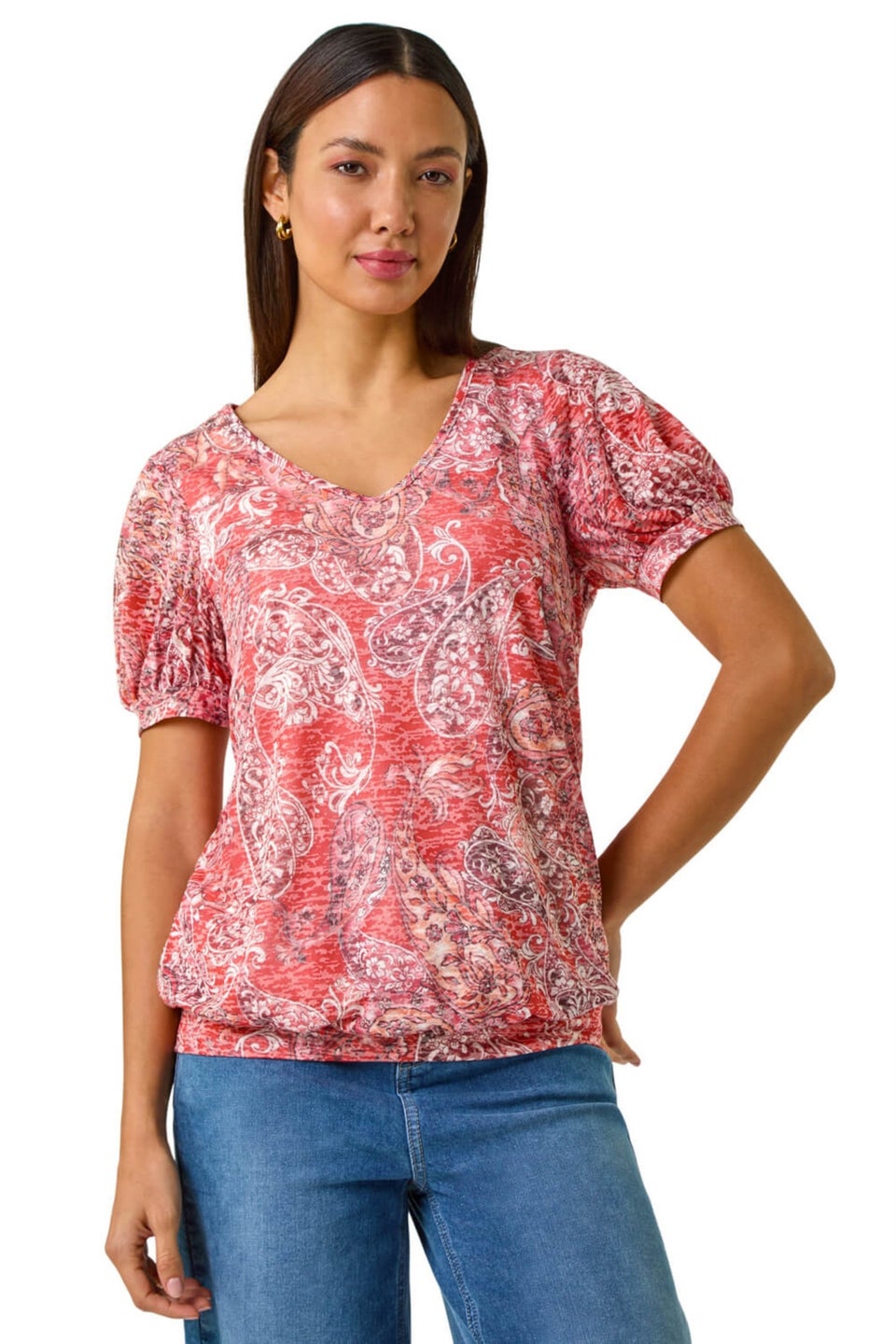 Roman Red Paisley Burnout Blouson Top