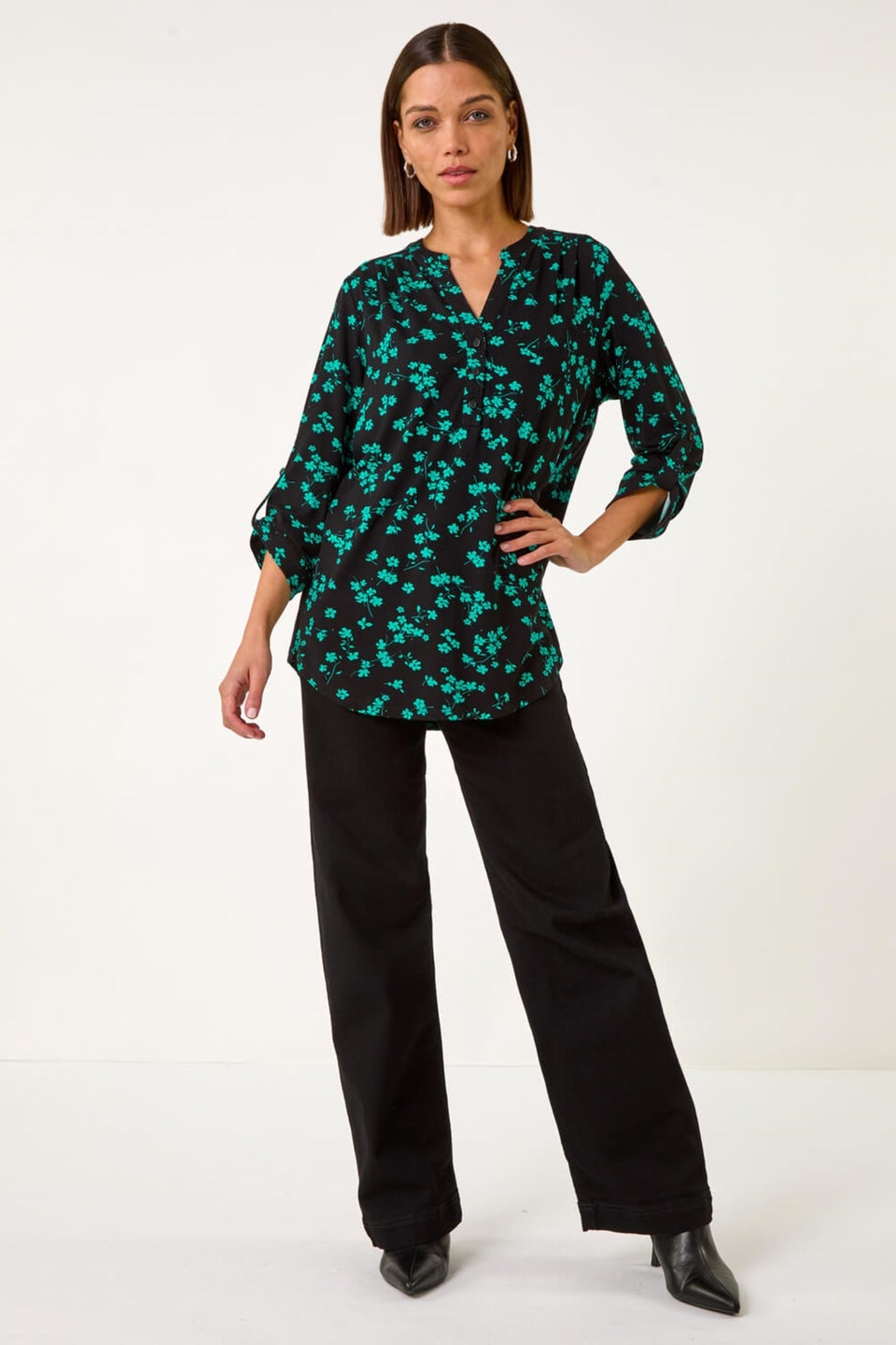Roman Black Floral Print Shoulder Pleat Blouse