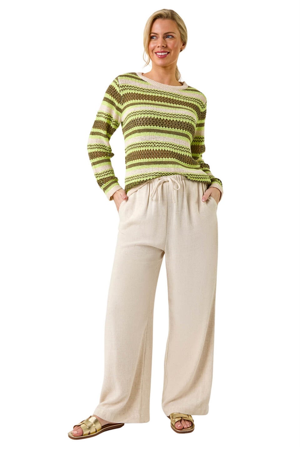 Roman Khaki Petite Stripe Print Stretch Knit Jumper