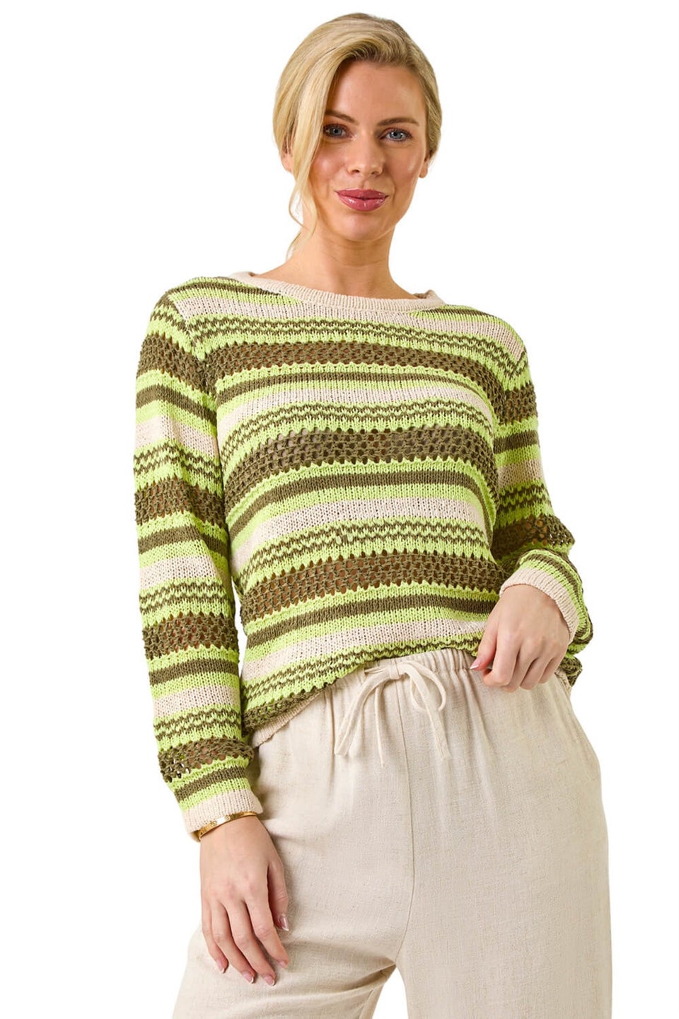 Roman Khaki Petite Stripe Print Stretch Knit Jumper