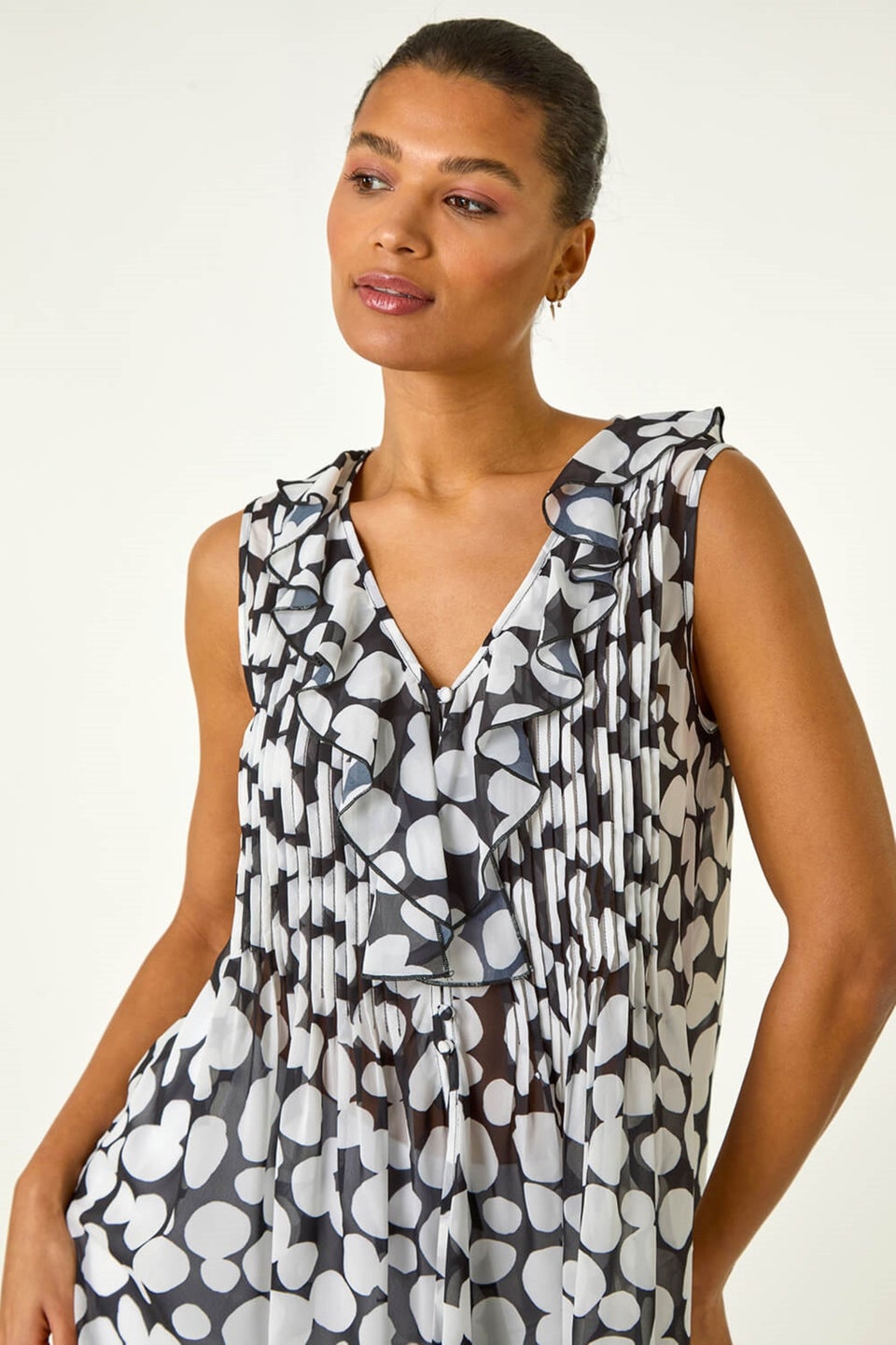 Roman Black Spot Print Ruffle Front Buttoned Blouse