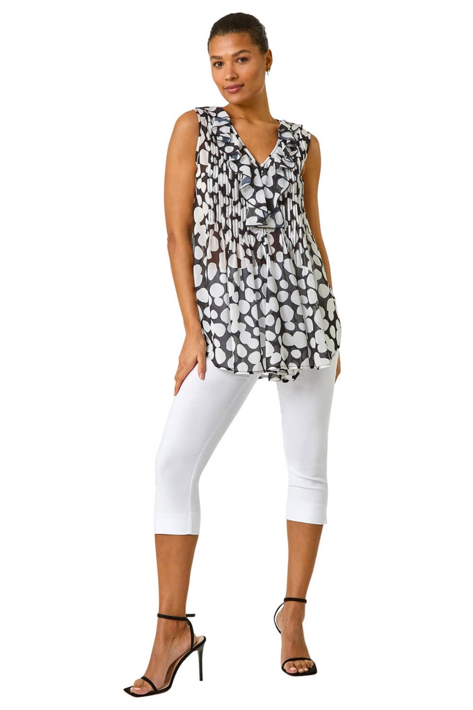 Roman Black Spot Print Ruffle Front Buttoned Blouse