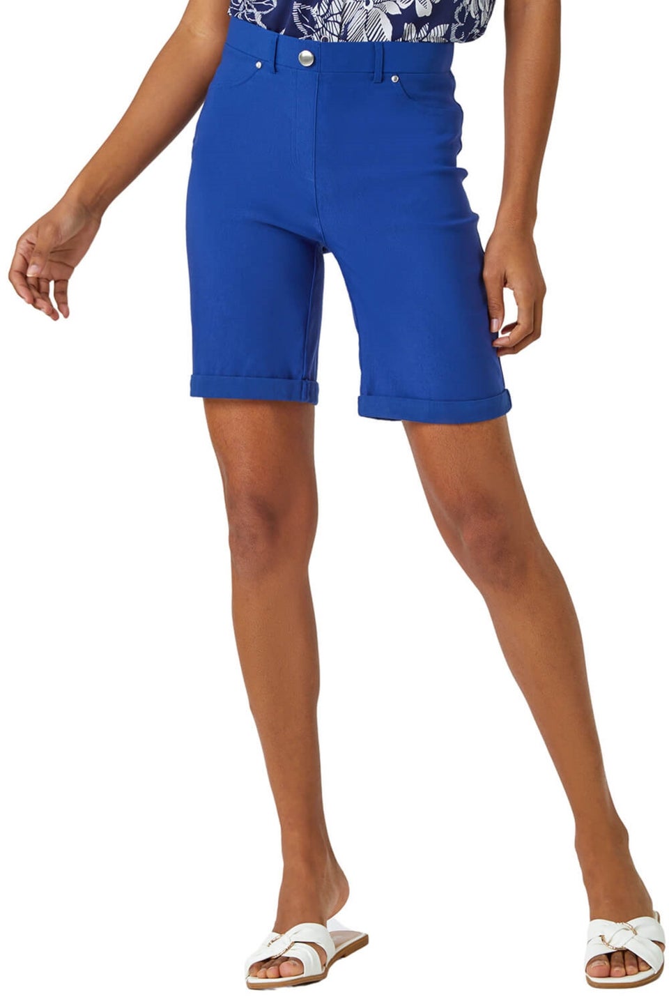Roman Midnight Blue Elastic Waist Turn Up Stretch Shorts