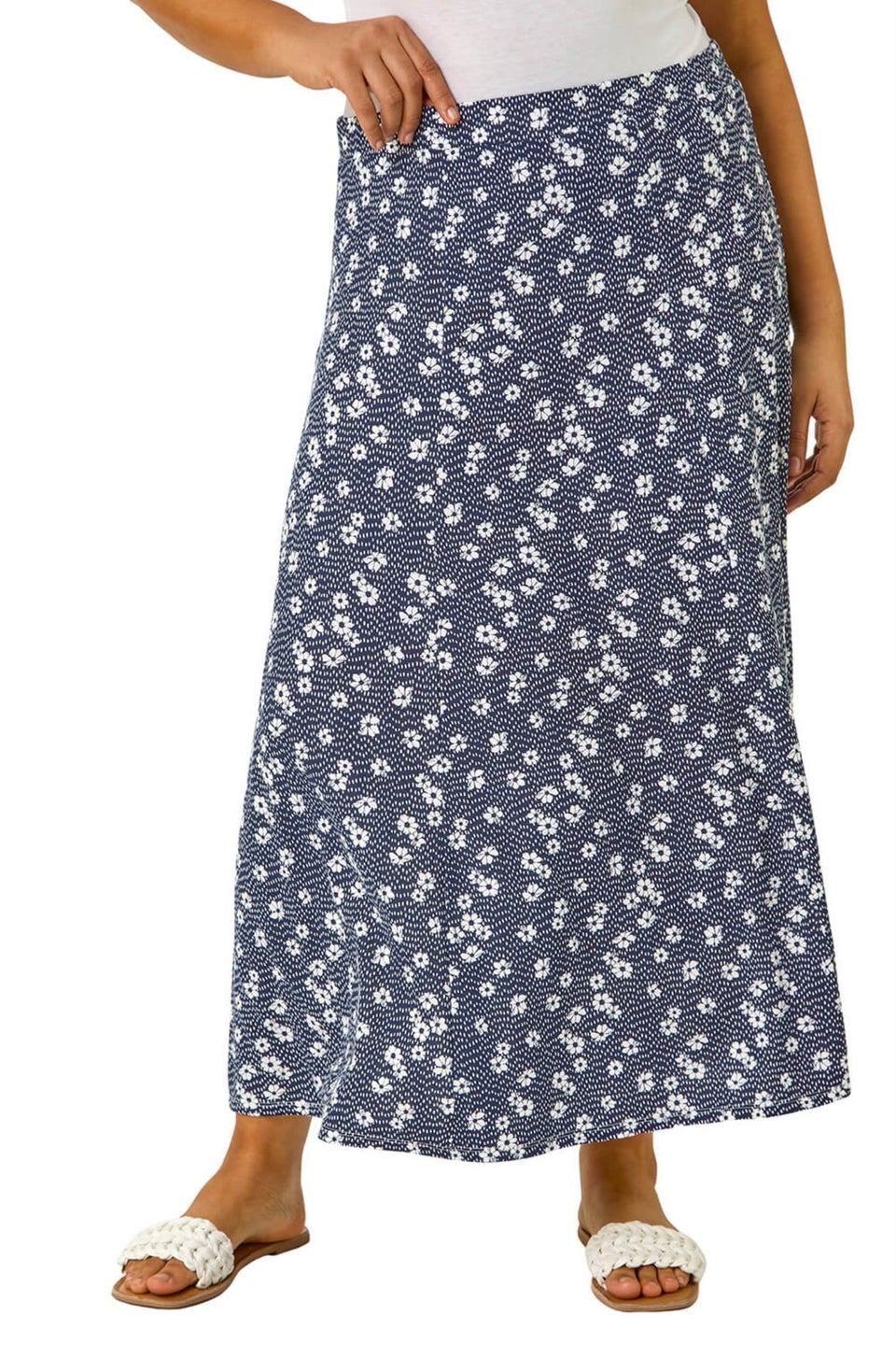Roman Navy Curve Daisy Print Midi Skirt