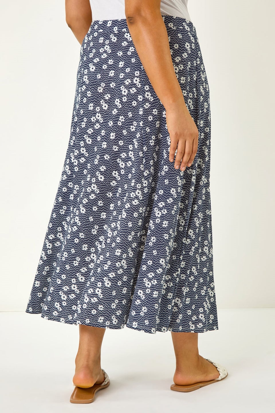 Roman Navy Curve Daisy Print Midi Skirt