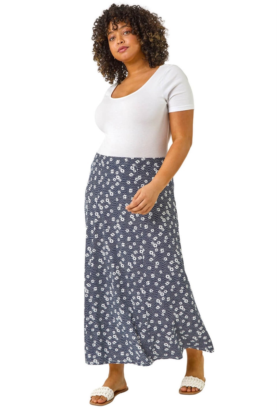 Roman Navy Curve Daisy Print Midi Skirt