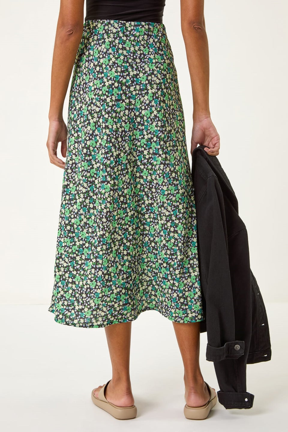Roman Green Floral Print Elastic Waist Midi Skirt