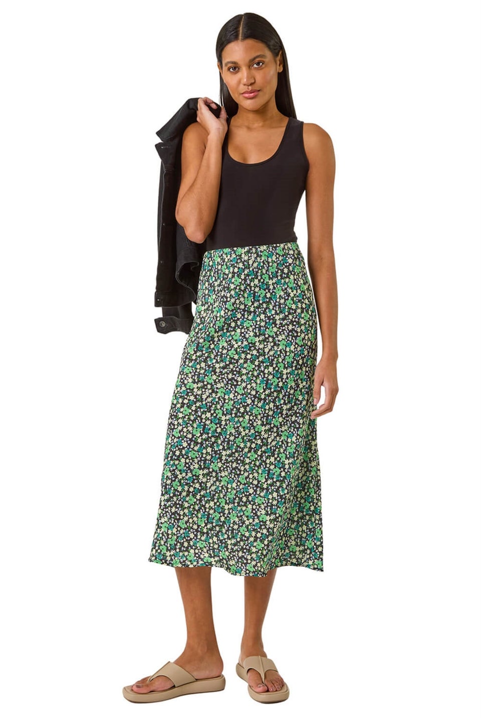 Roman Green Floral Print Elastic Waist Midi Skirt