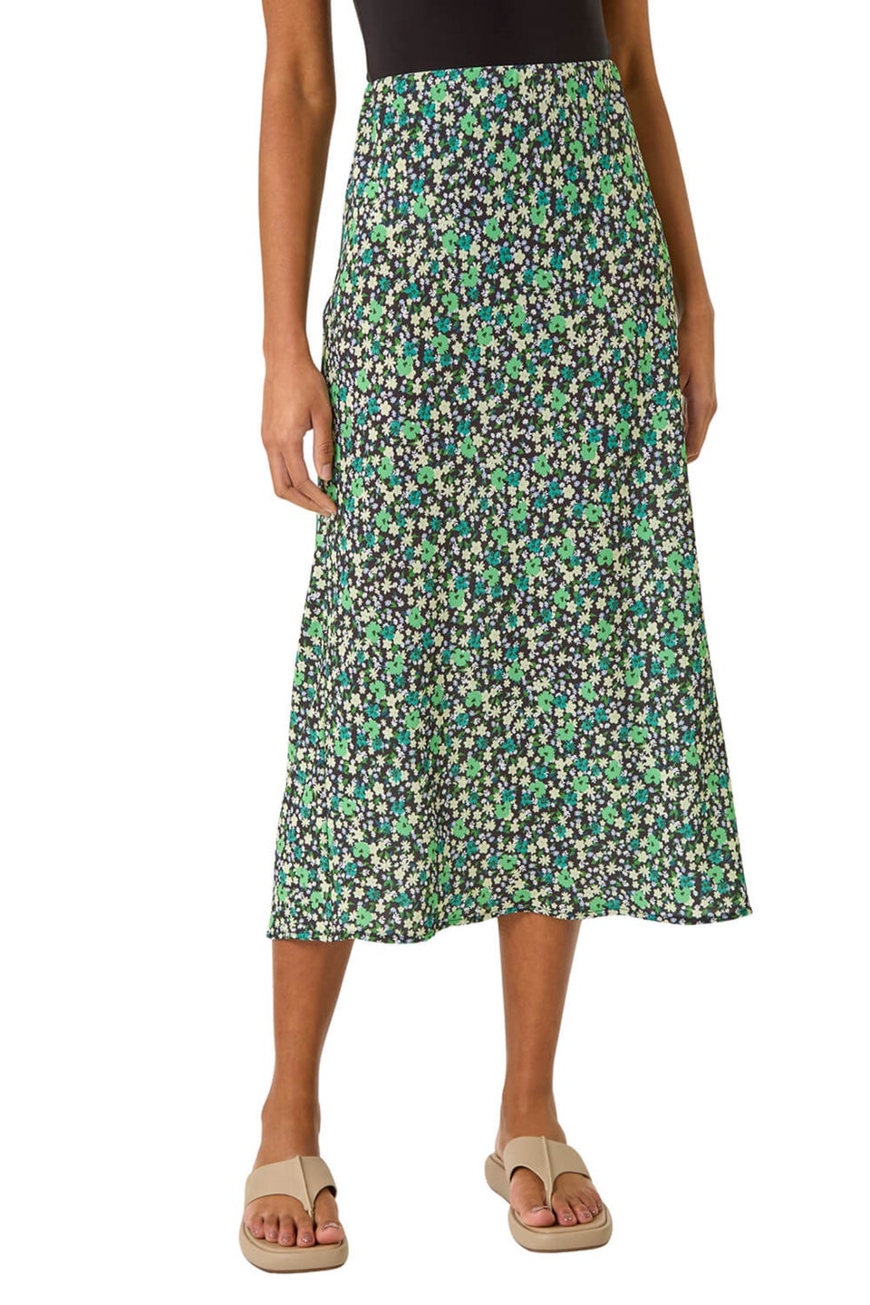 Roman Green Floral Print Elastic Waist Midi Skirt