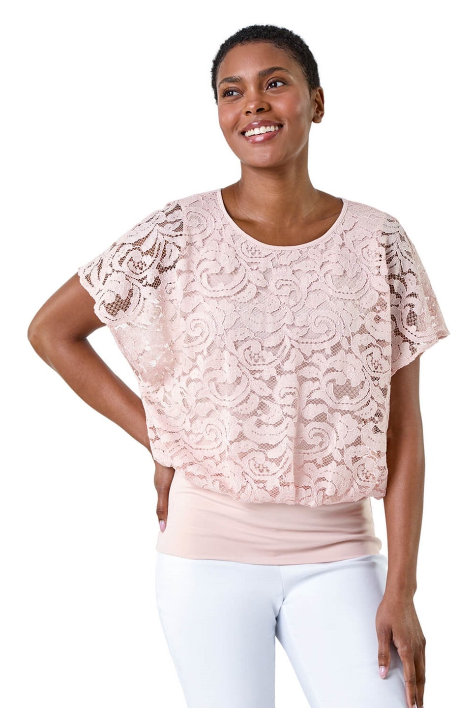 Roman Pale Pink Lace Stretch Bubble Hem Top