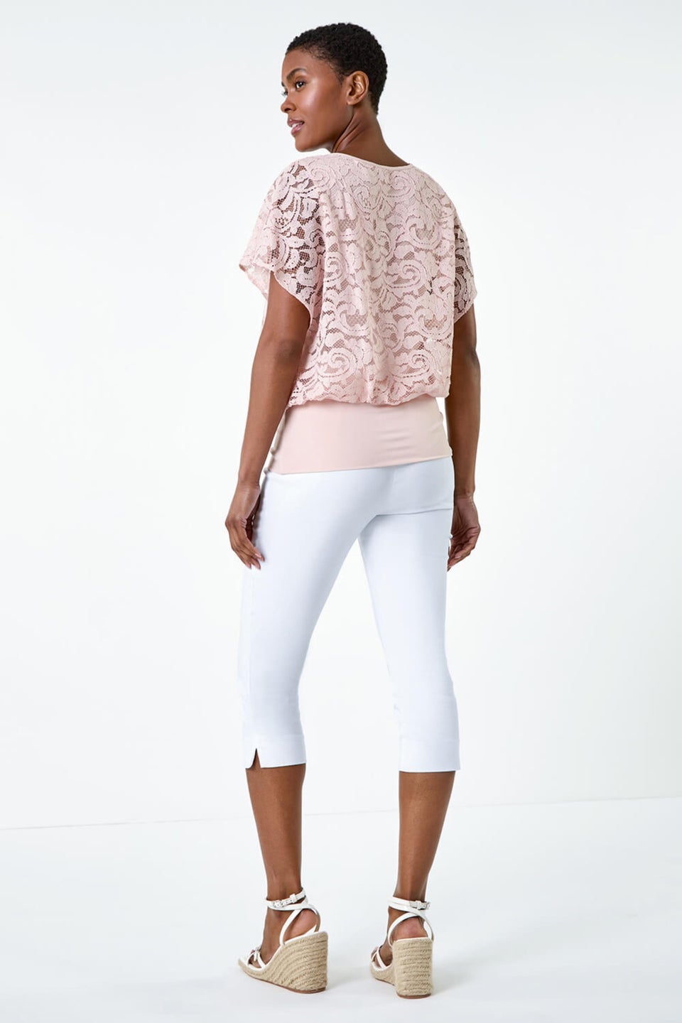Roman Pale Pink Lace Stretch Bubble Hem Top