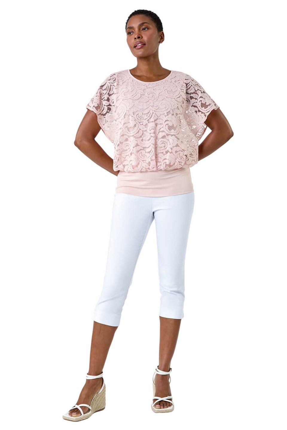 Roman Pale Pink Lace Stretch Bubble Hem Top