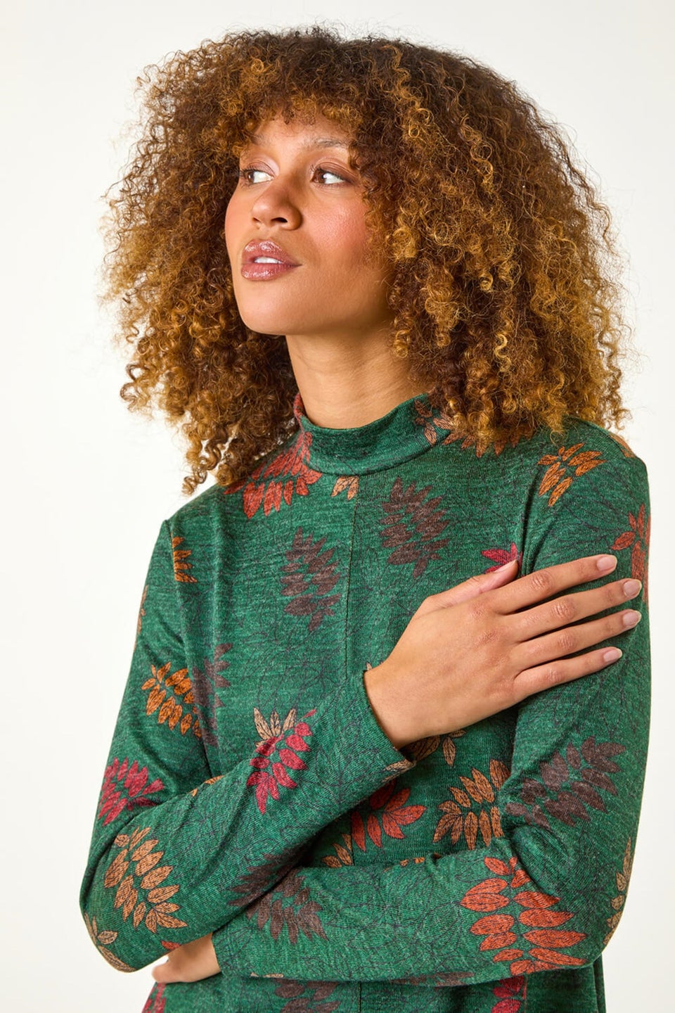 Roman Green Floral Print High Neck Stretch Tunic Top