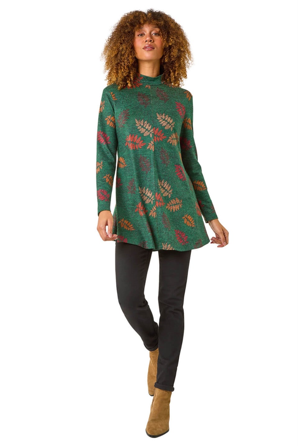Roman Green Floral Print High Neck Stretch Tunic Top