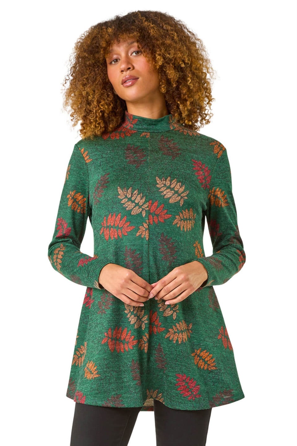 Roman Green Floral Print High Neck Stretch Tunic Top