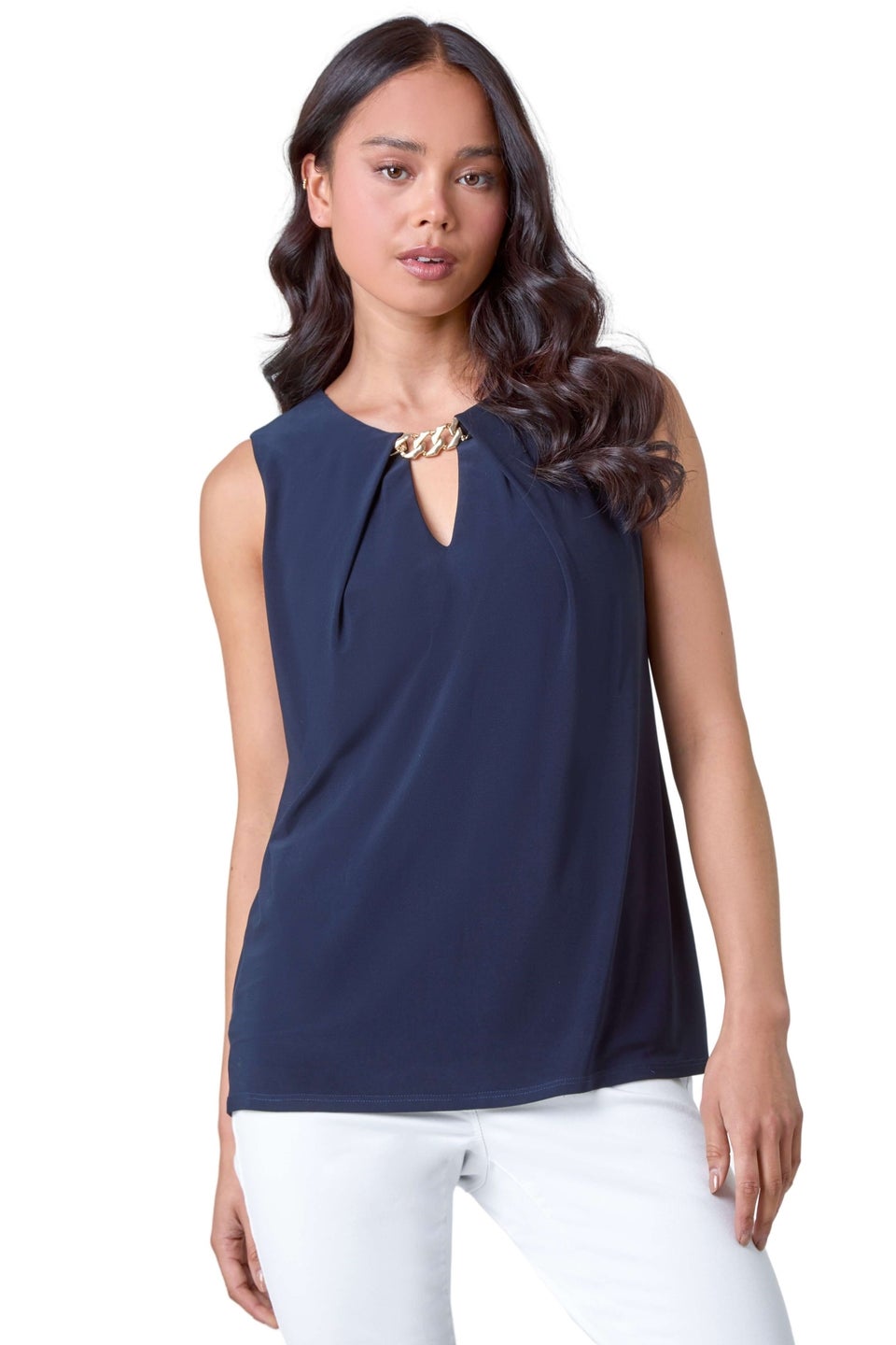 Roman Navy Petite Chain Trim Stretch Top