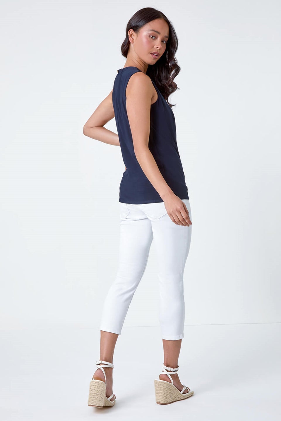 Roman Navy Petite Chain Trim Stretch Top