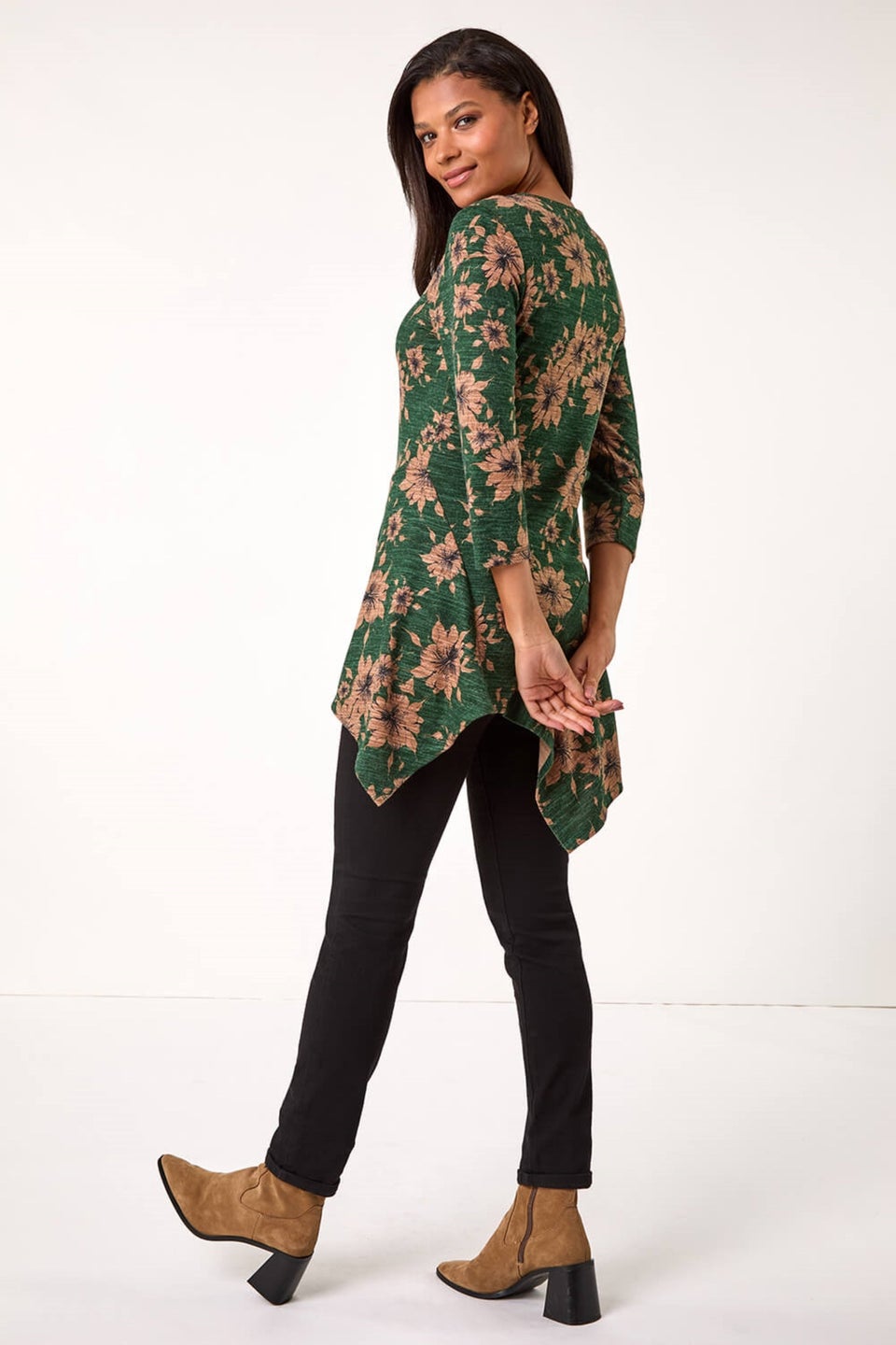 Roman Green Floral Print Hanky Hem Stretch Top