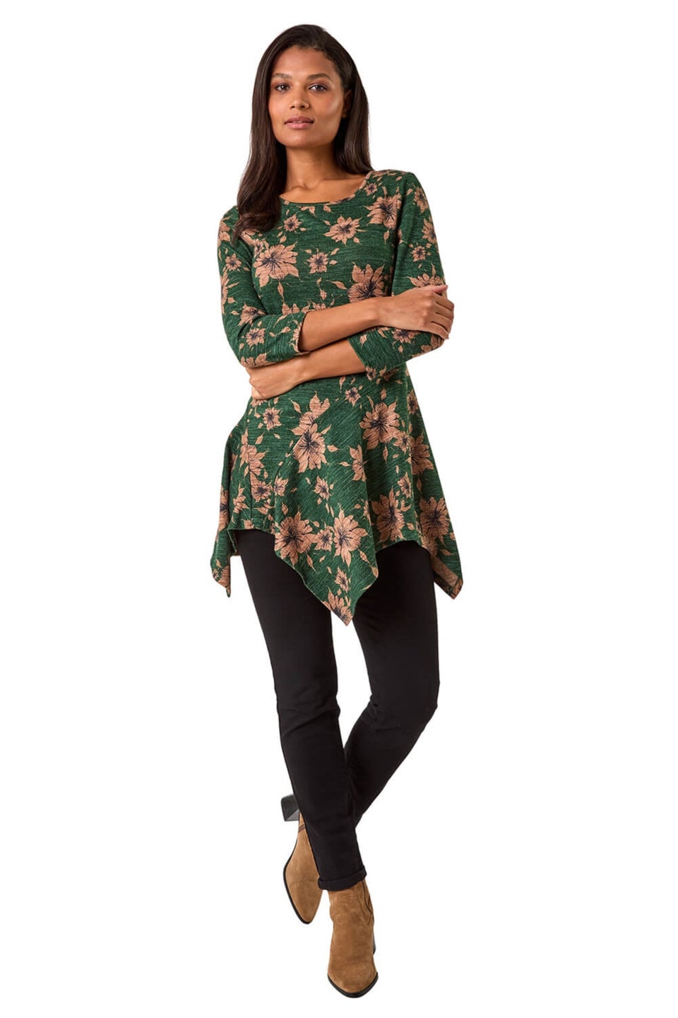 Roman Green Floral Print Hanky Hem Stretch Top