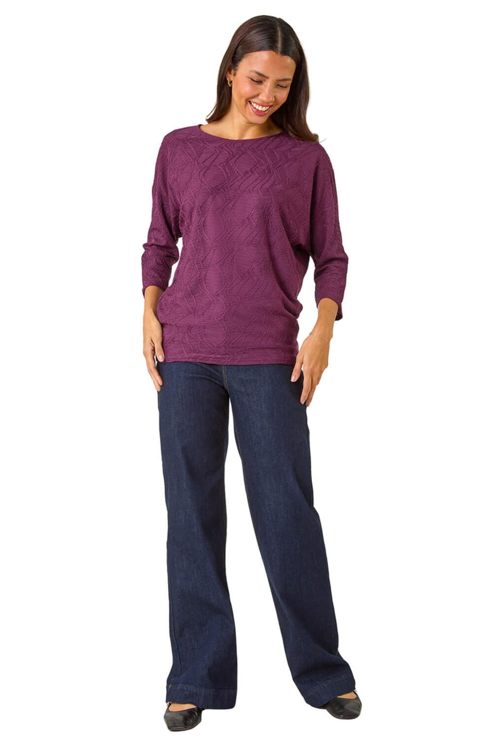 Roman Wine Textured Batwing Sleeve Top