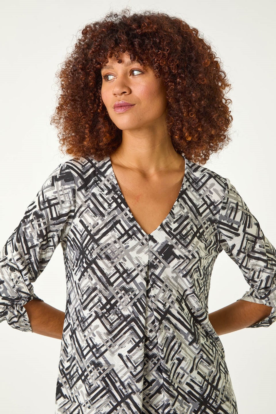 Roman Ivory Geometric Print Pleat Front Top