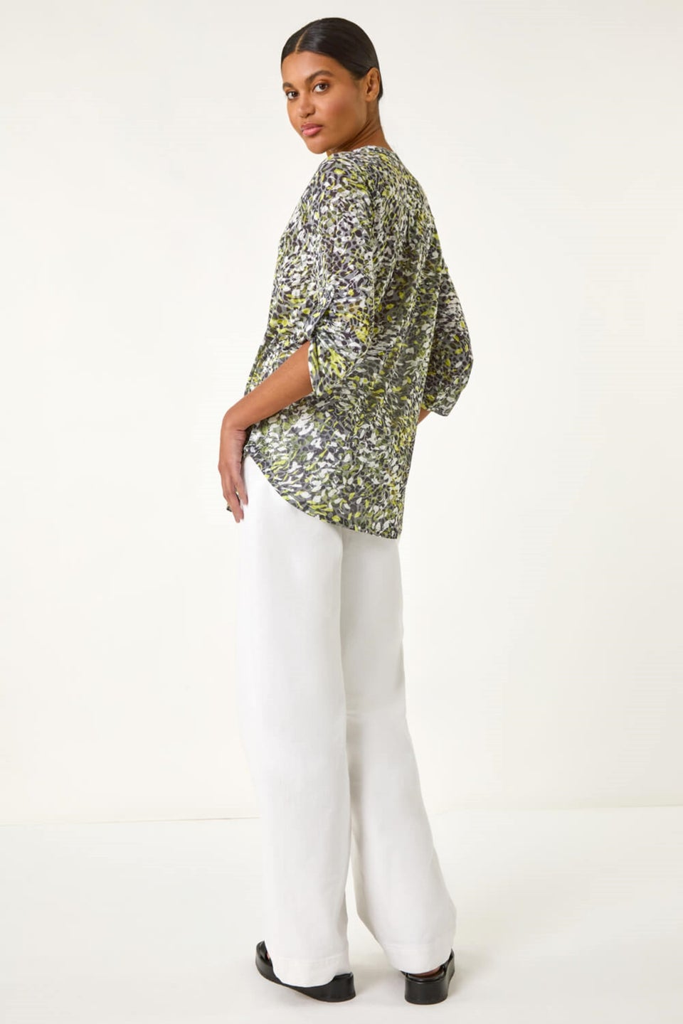 Roman Lime Animal Print Burnout V-Neck Stretch Shirt