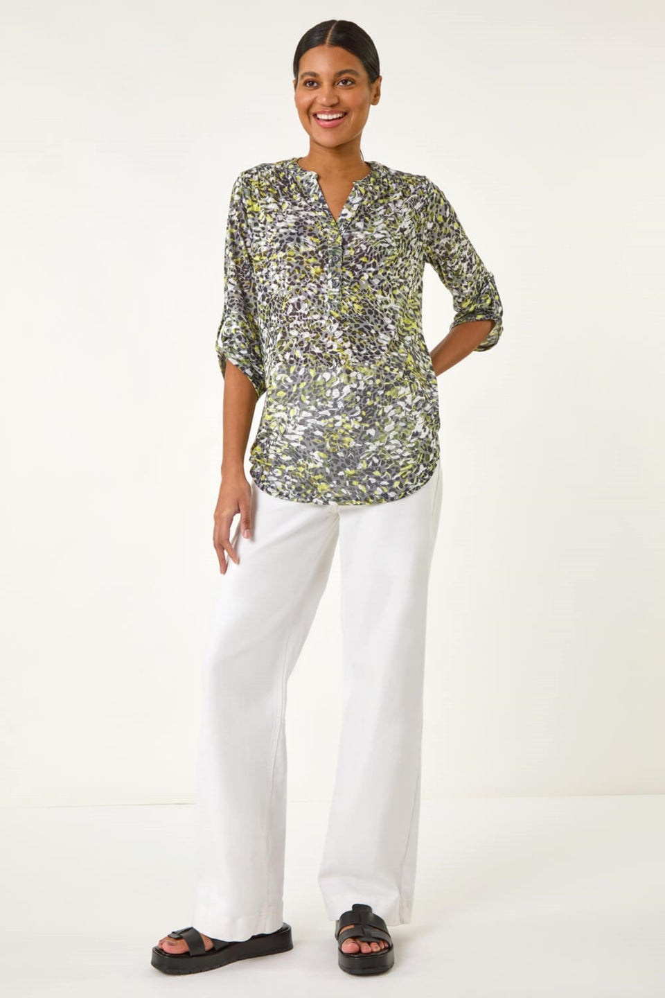 Roman Lime Animal Print Burnout V-Neck Stretch Shirt