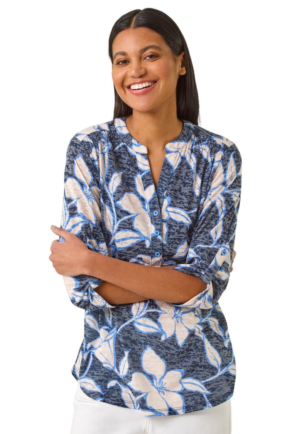Roman Navy Floral Print Burnout V-Neck Shirt
