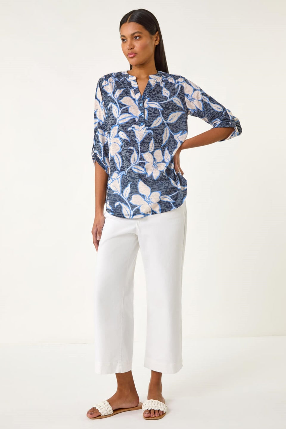 Roman Navy Floral Print Burnout V-Neck Shirt