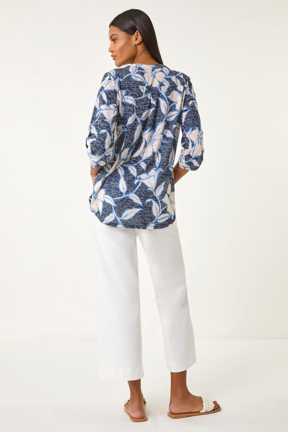 Roman Navy Floral Print Burnout V-Neck Shirt