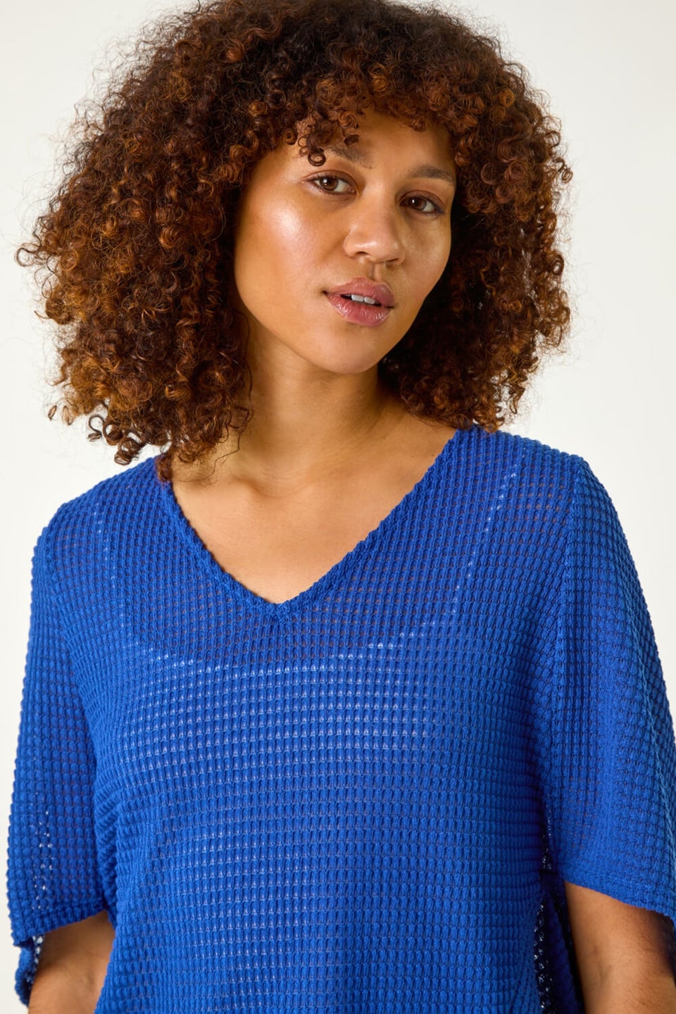 Roman Ink Blue Textured V-Neck Cocoon Stretch Top