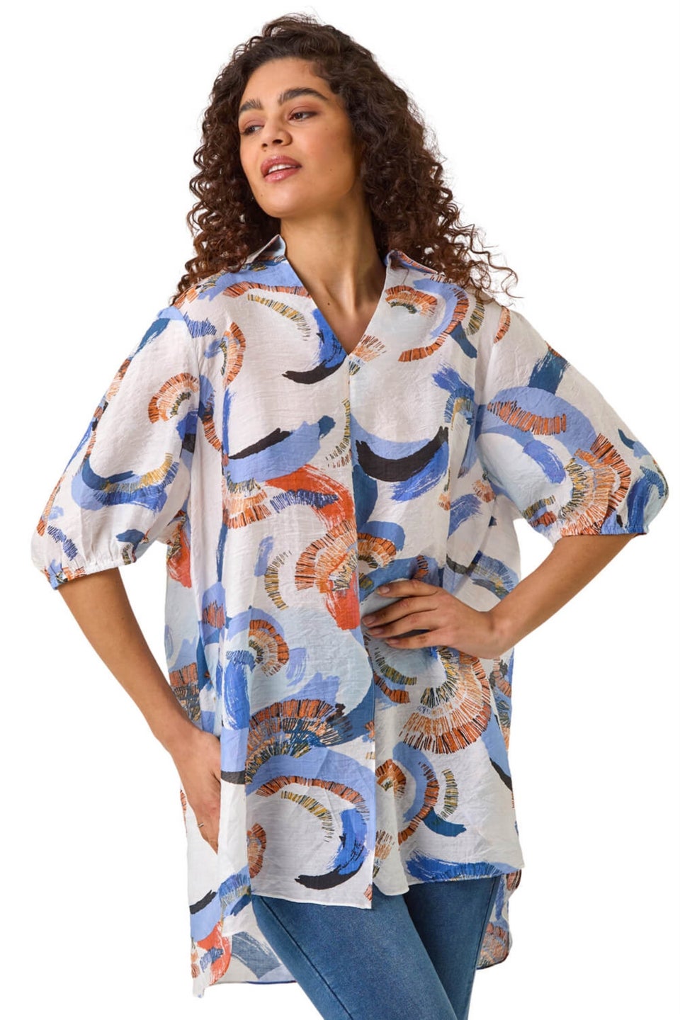 Roman Blue Abstract Print Longline Overshirt