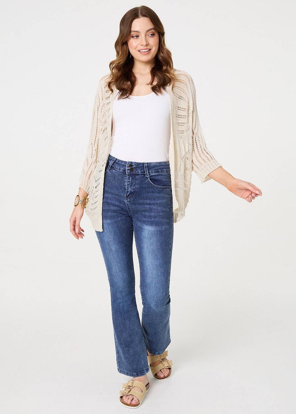 Izabel London Beige Sheer Crochet Open Cardigan