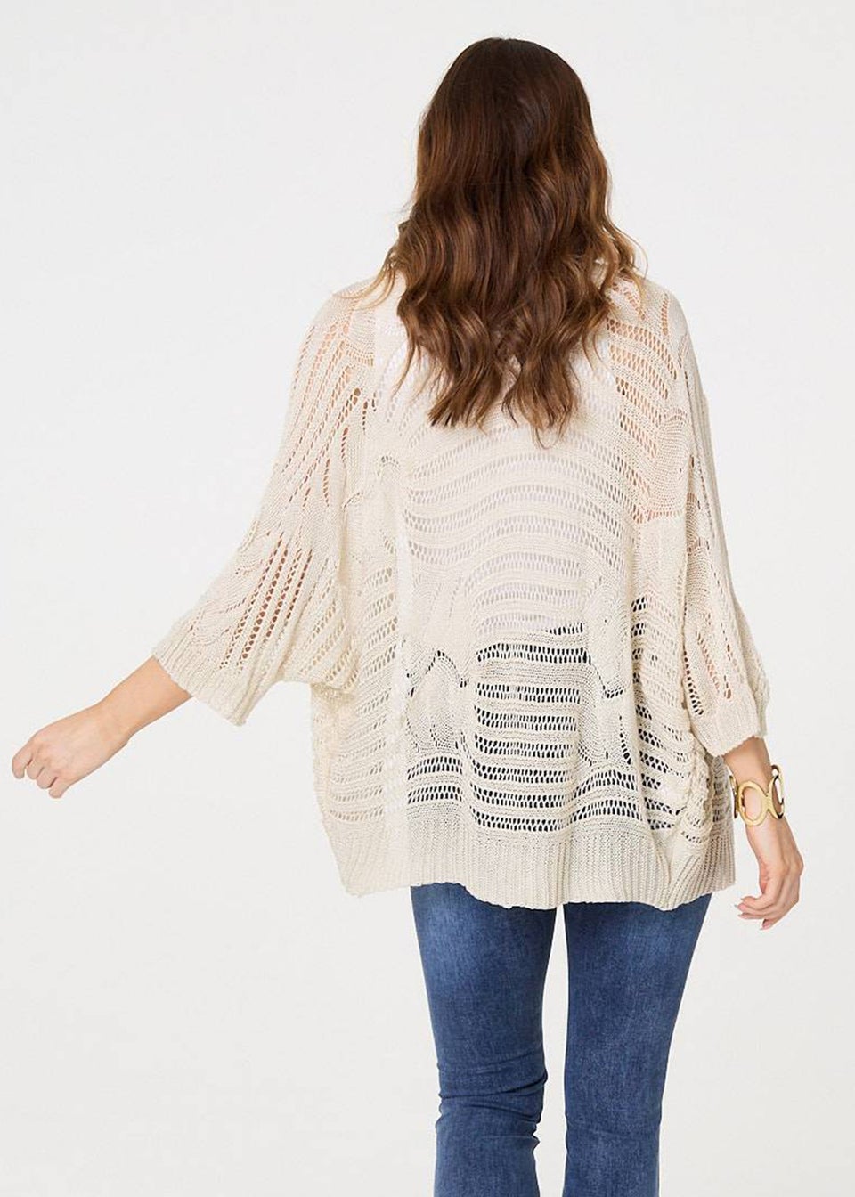 Izabel London Beige Sheer Crochet Open Cardigan