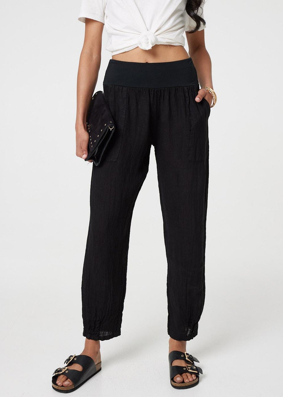 Izabel London Black Relaxed Linen Blend Tapered Trousers