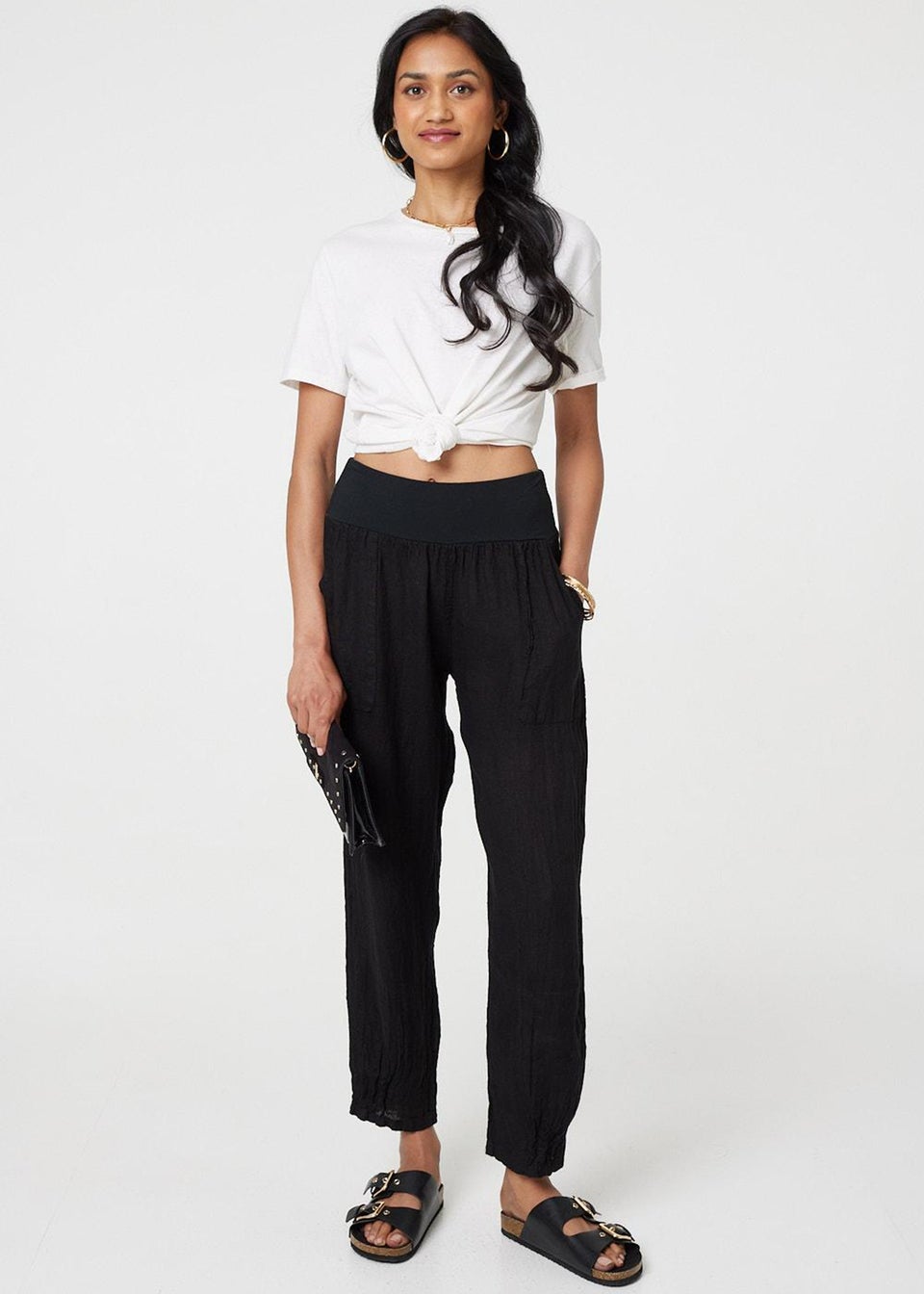 Izabel London Black Relaxed Linen Blend Tapered Trousers