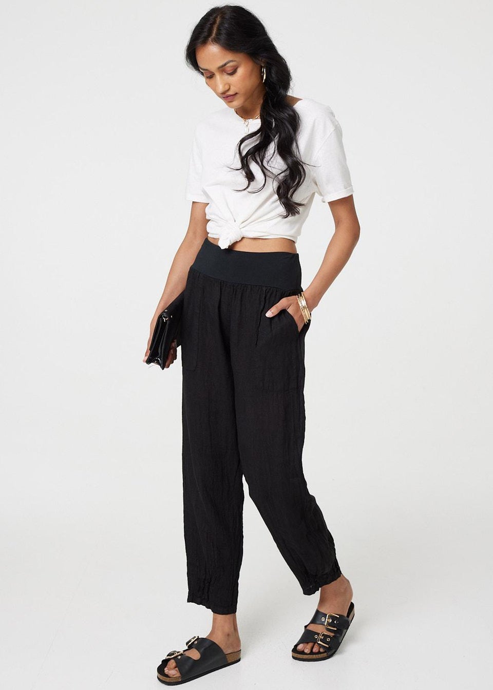 Izabel London Black Relaxed Linen Blend Tapered Trousers