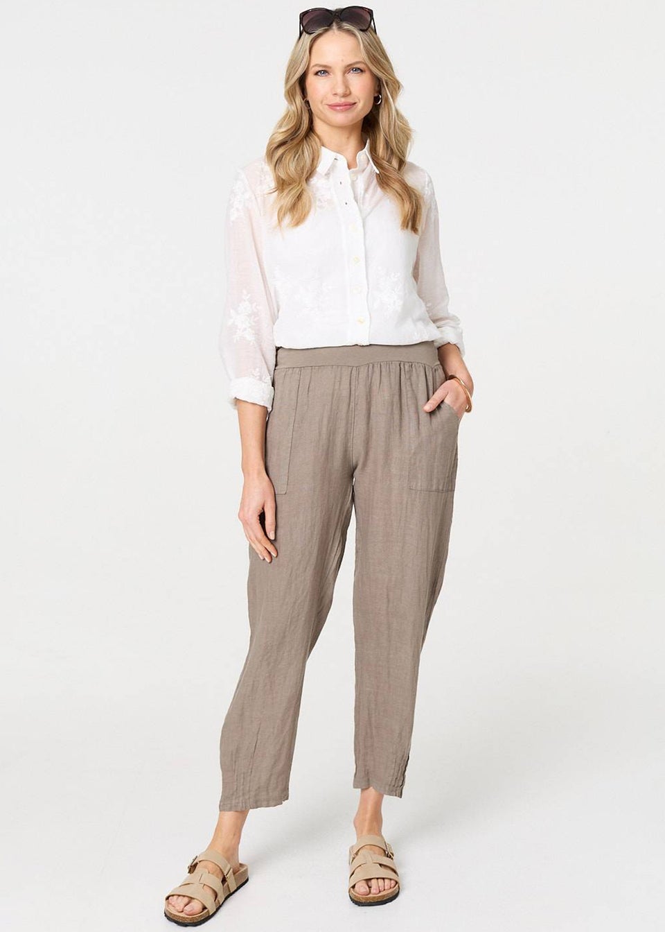 Izabel London Brown Relaxed Linen Blend Tapered Trousers