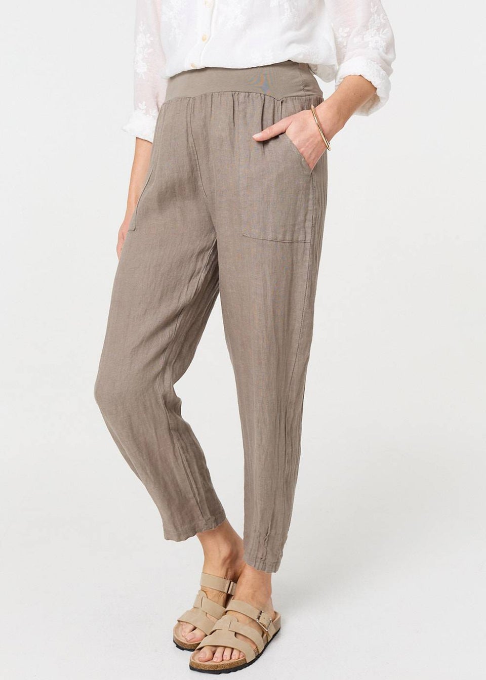 Izabel London Brown Relaxed Linen Blend Tapered Trousers